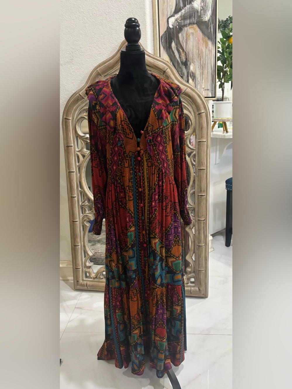 FARM Rio Vibrant Red Orange Teal Geometric Maxi Dress